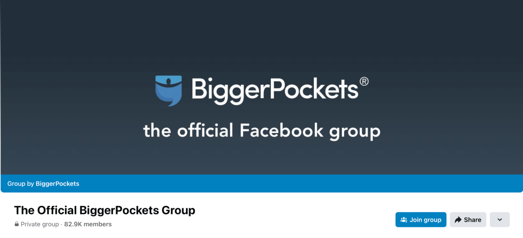 A Facebook group page header for The Official BiggerPockets Group.